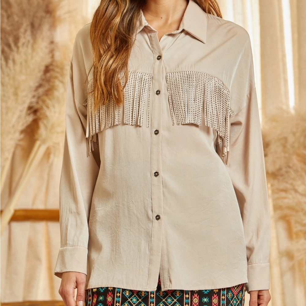 NWT Western Rhinestone Fringe Blouse Top